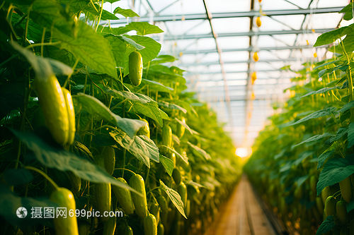 溫室里的綠意盎然 現(xiàn)代農(nóng)業(yè)溫室中的黃瓜種植